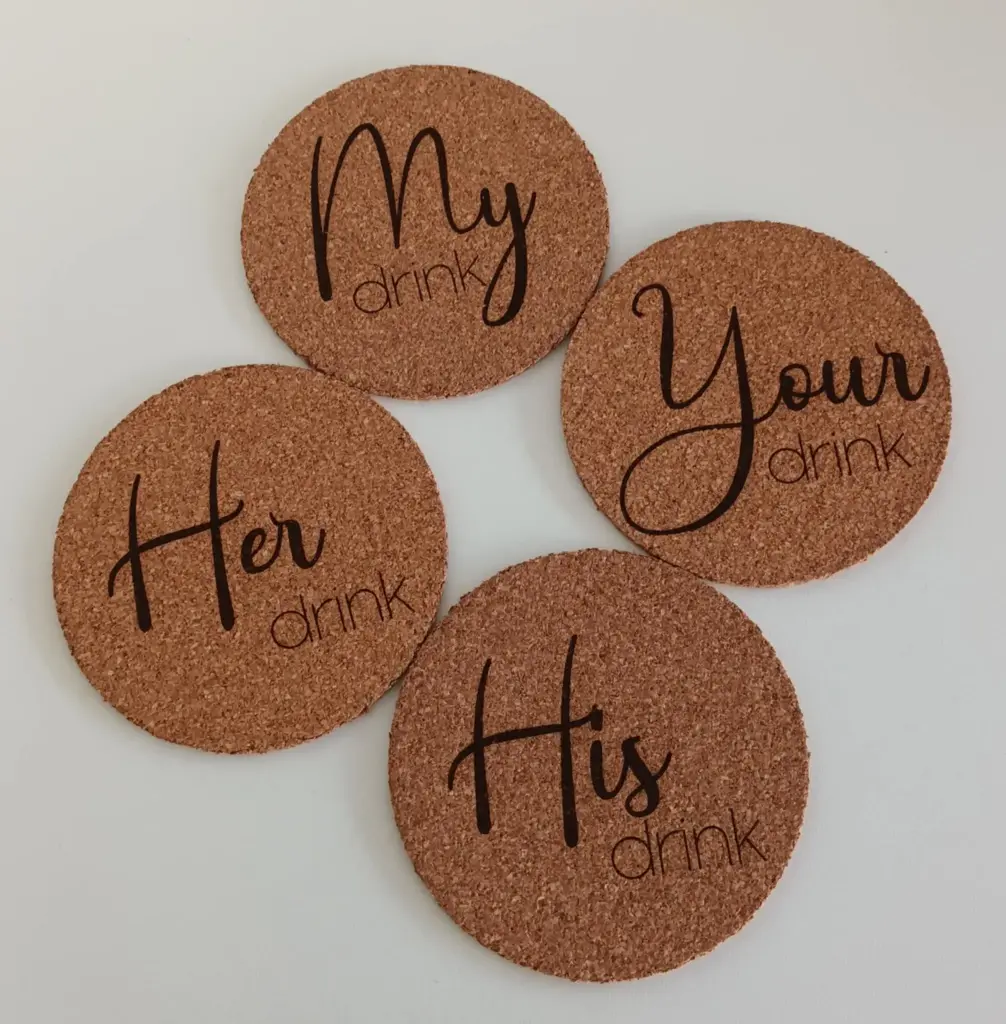 Onderzetters in kurk, set van 4 - his, her, my, your drink