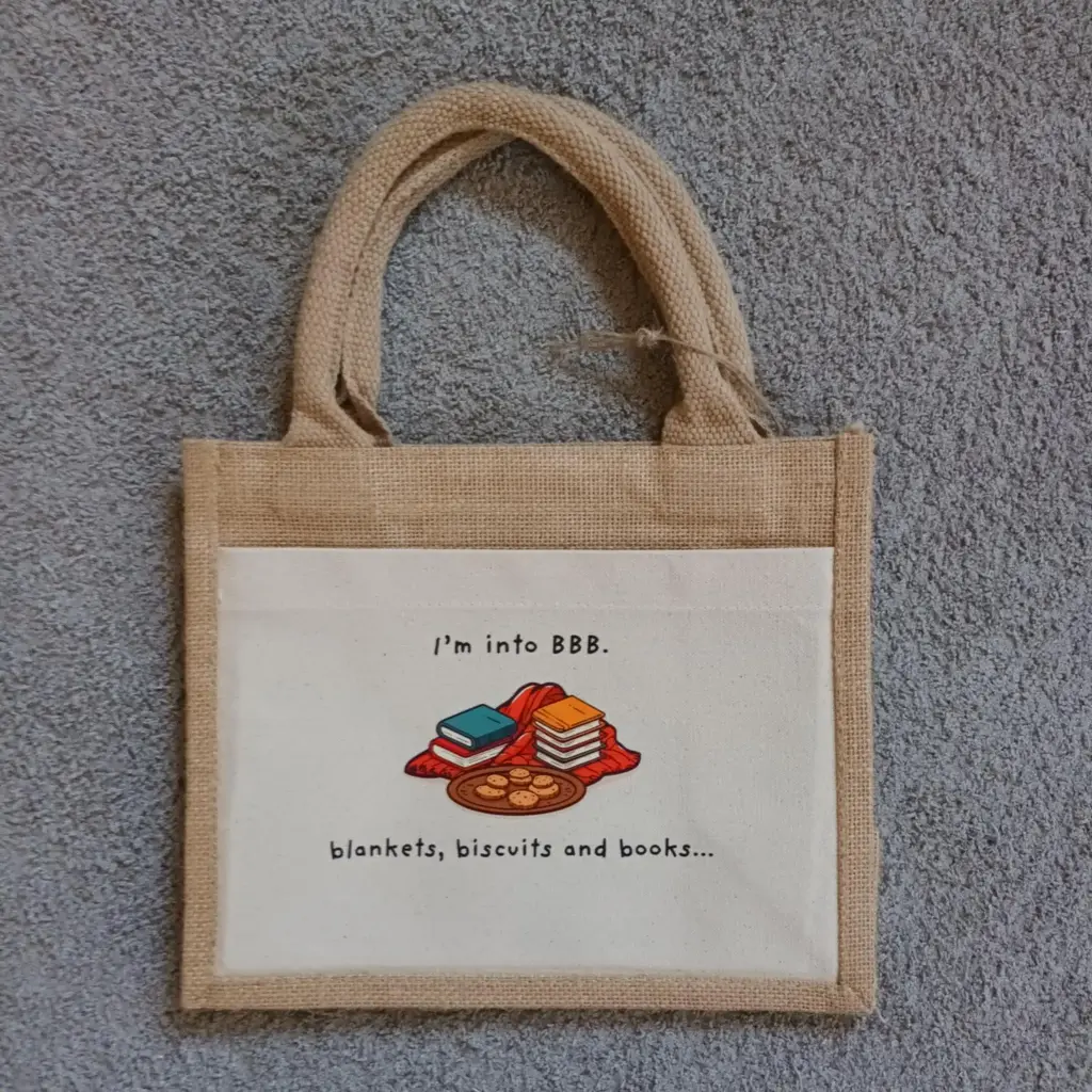 Jute draagtasje - Into BBB: blankets, biscuits and books