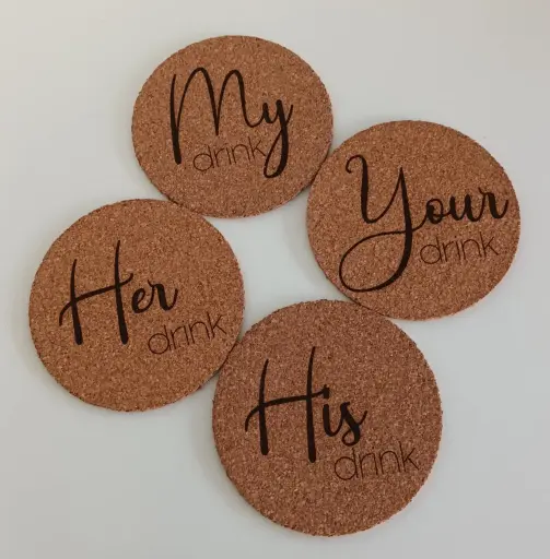 Onderzetter in kurk, set van 4 - his, her, my, your drink